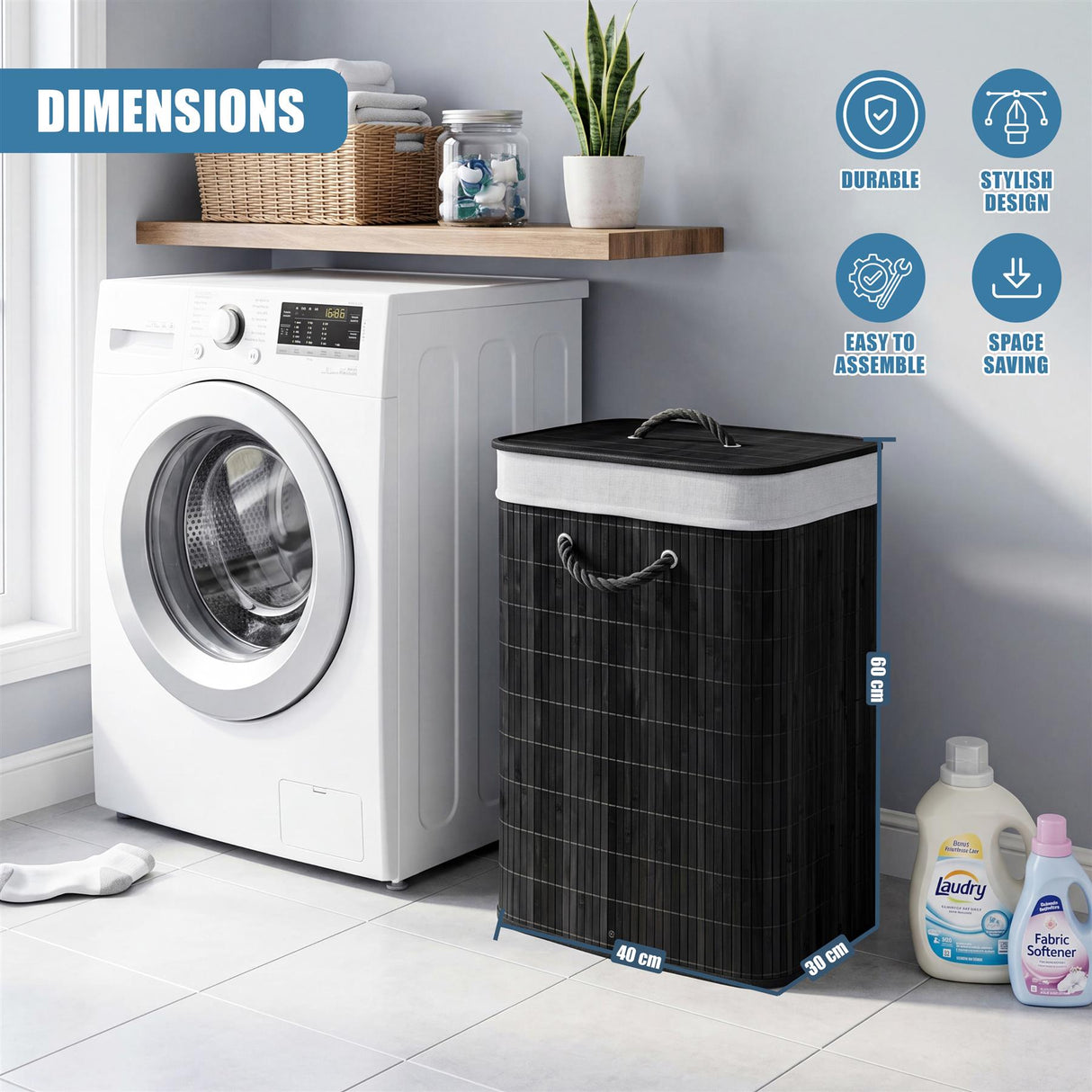 Black Bamboo Laundry Hamper 72L