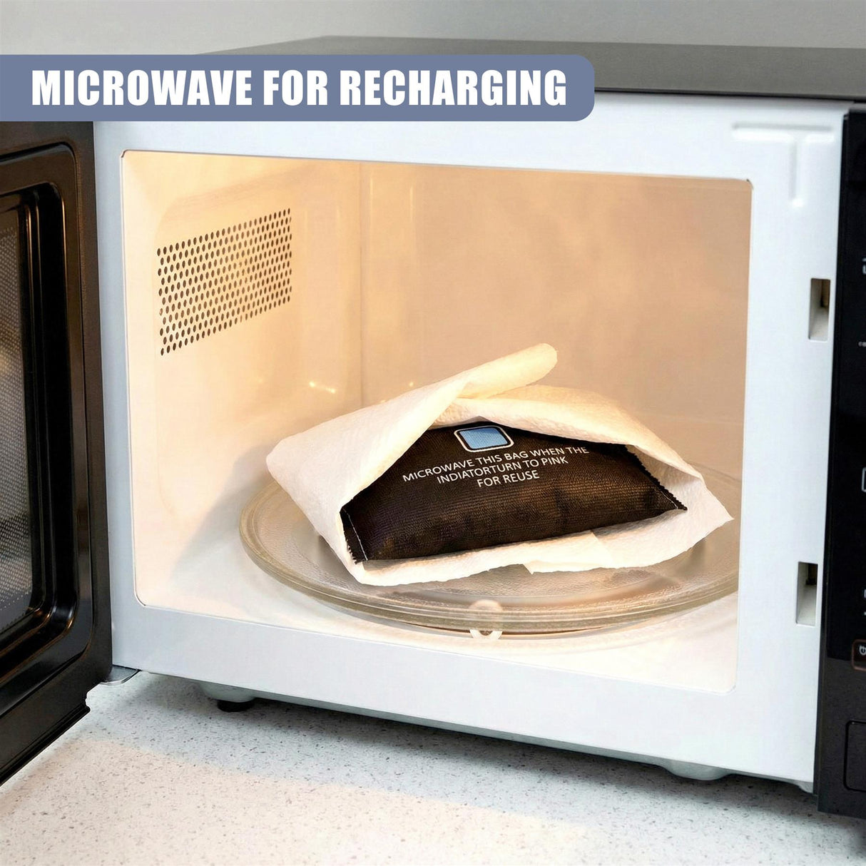 Reusable dehumidifier bag positioned on a plate inside an open white microwave oven.