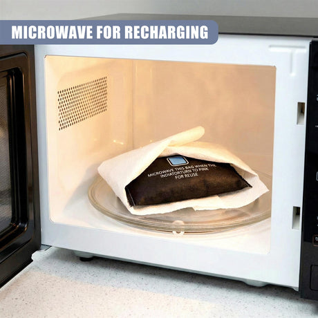 Reusable dehumidifier bag positioned on a plate inside an open white microwave oven.
