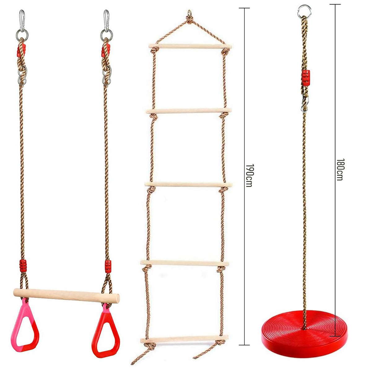 Wooden Trapeze Swing, Rope Ladder & Red Plate Seat