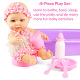 A set containing a baby doll, bath time accessory, and toilet training accessory all in a pink case.