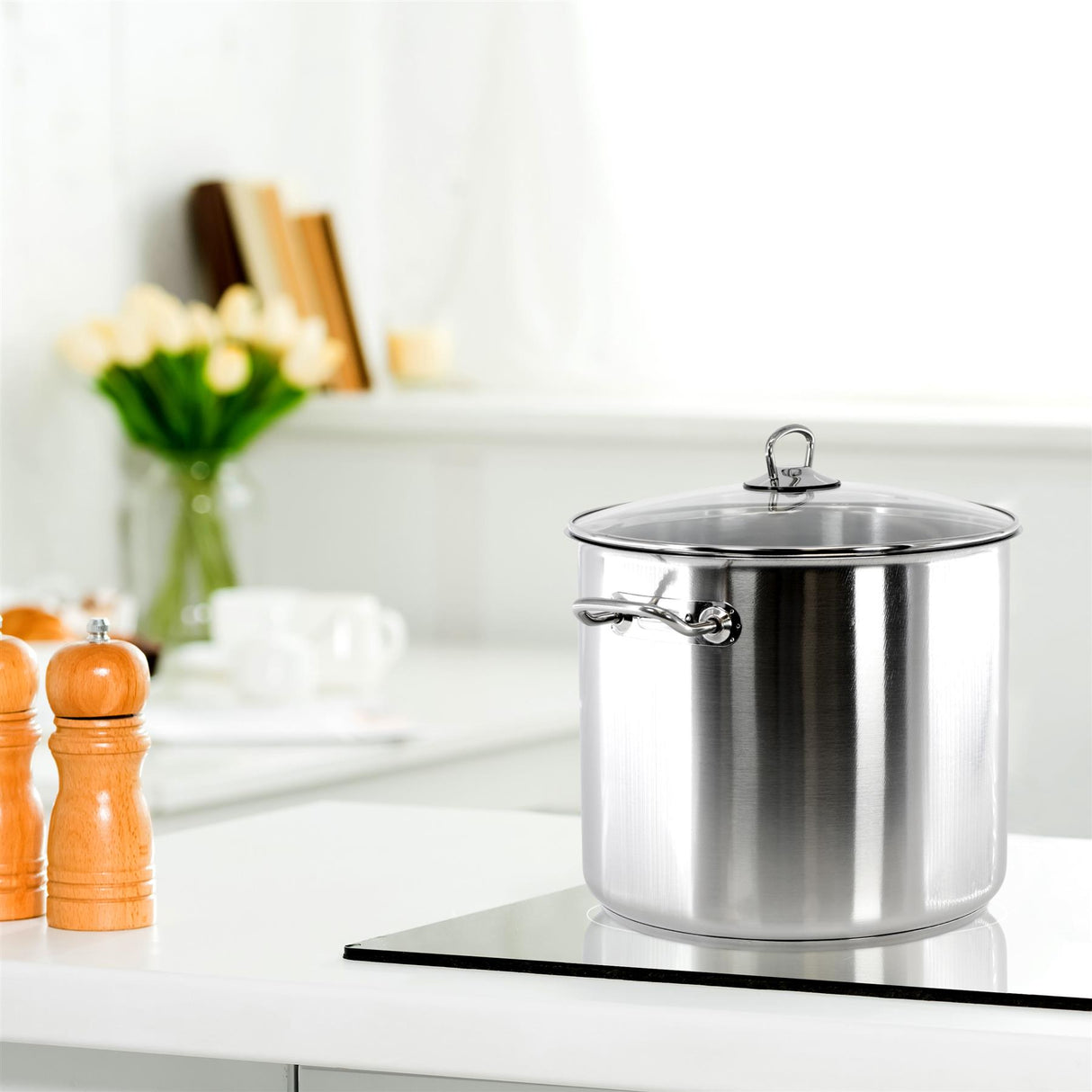 A stainless steel stockpot with a silver finish, a stainless steel handle, and a stainless steel lid with a small loop handle, sitting on a modern white kitchen counter. - UKBuyZone
