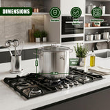 Large stainless steel stockpot with a glass lid rests on a gas range, displaying dimensions and 20-liter capacity.