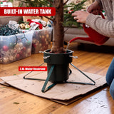 A person pours water from a red watering can into a black metal Christmas tree stand with a built-in 2.8L water reservoir