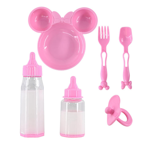 Pink doll feeding set includes a plate, two bottles, fork, spoon, and pacifier accessory.