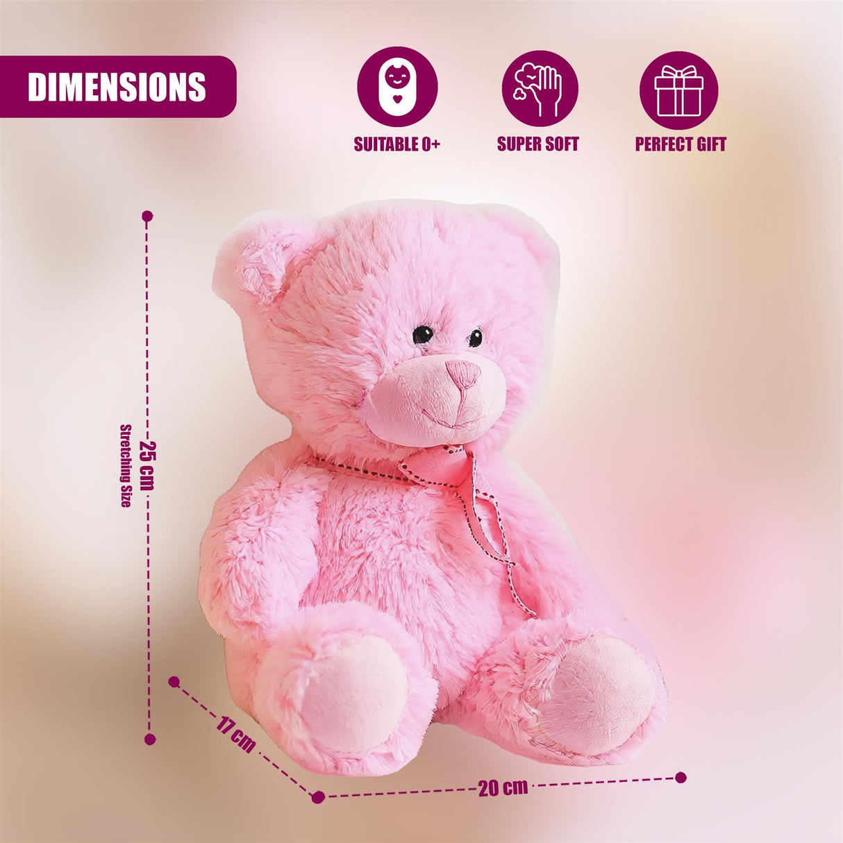 Plush Teddy Bear Pink Soft Toy with Ribbon