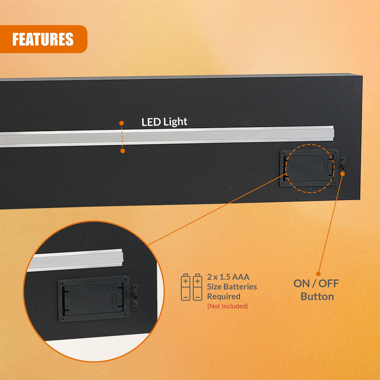 Black Floating Wooden Wall Shelf with LED Lights - 60cm