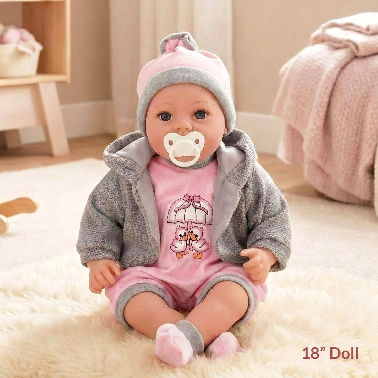 Baby Girl Doll With Dummy & Sounds Grey