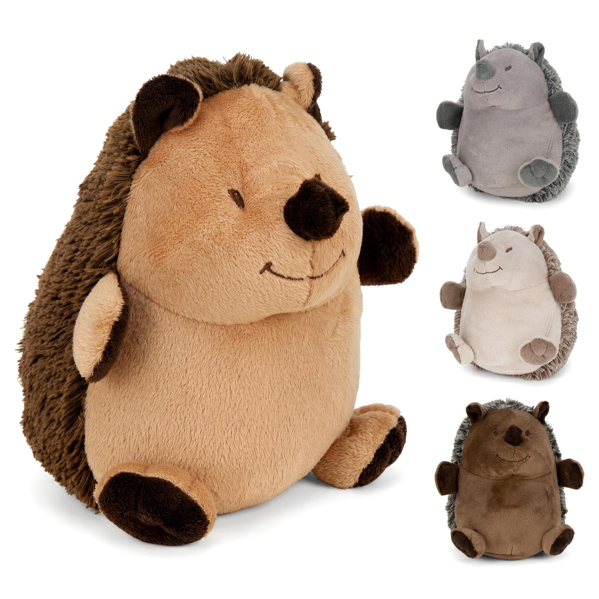Plush decorative hedgehogs are displayed, featuring a large door stopper and three smaller companion figures.
