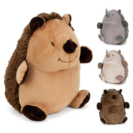 Plush decorative hedgehogs are displayed, featuring a large door stopper and three smaller companion figures.