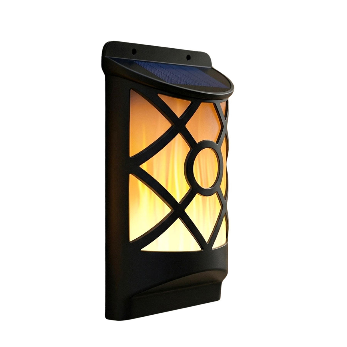 Wall-mounted solar lantern featuring a black frame and artificial yellow flame display.