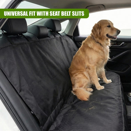Golden retriever sits on a black, universal car seat cover in a vehicle.