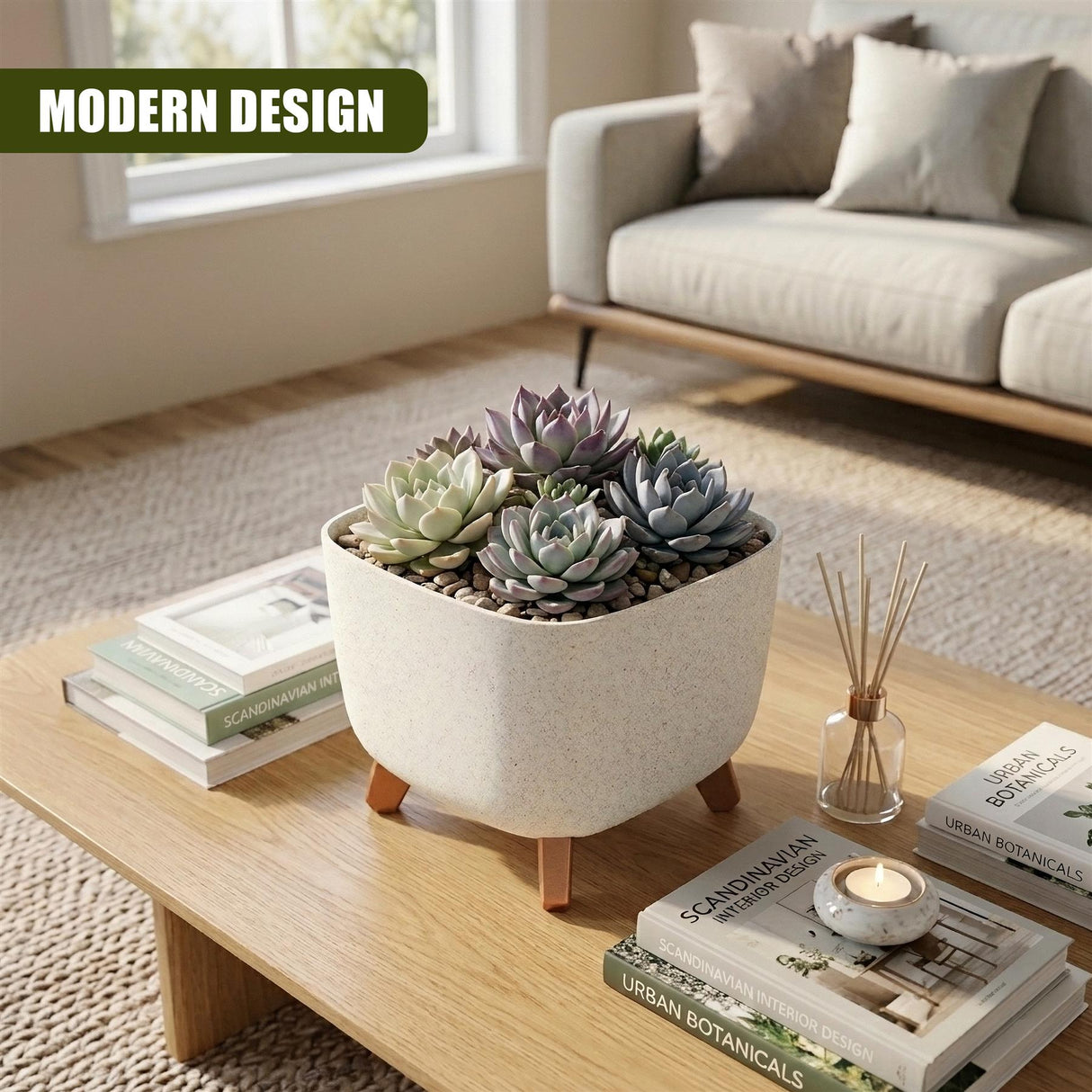 A planter with wooden legs holds blue-green succulents on a wooden coffee table.