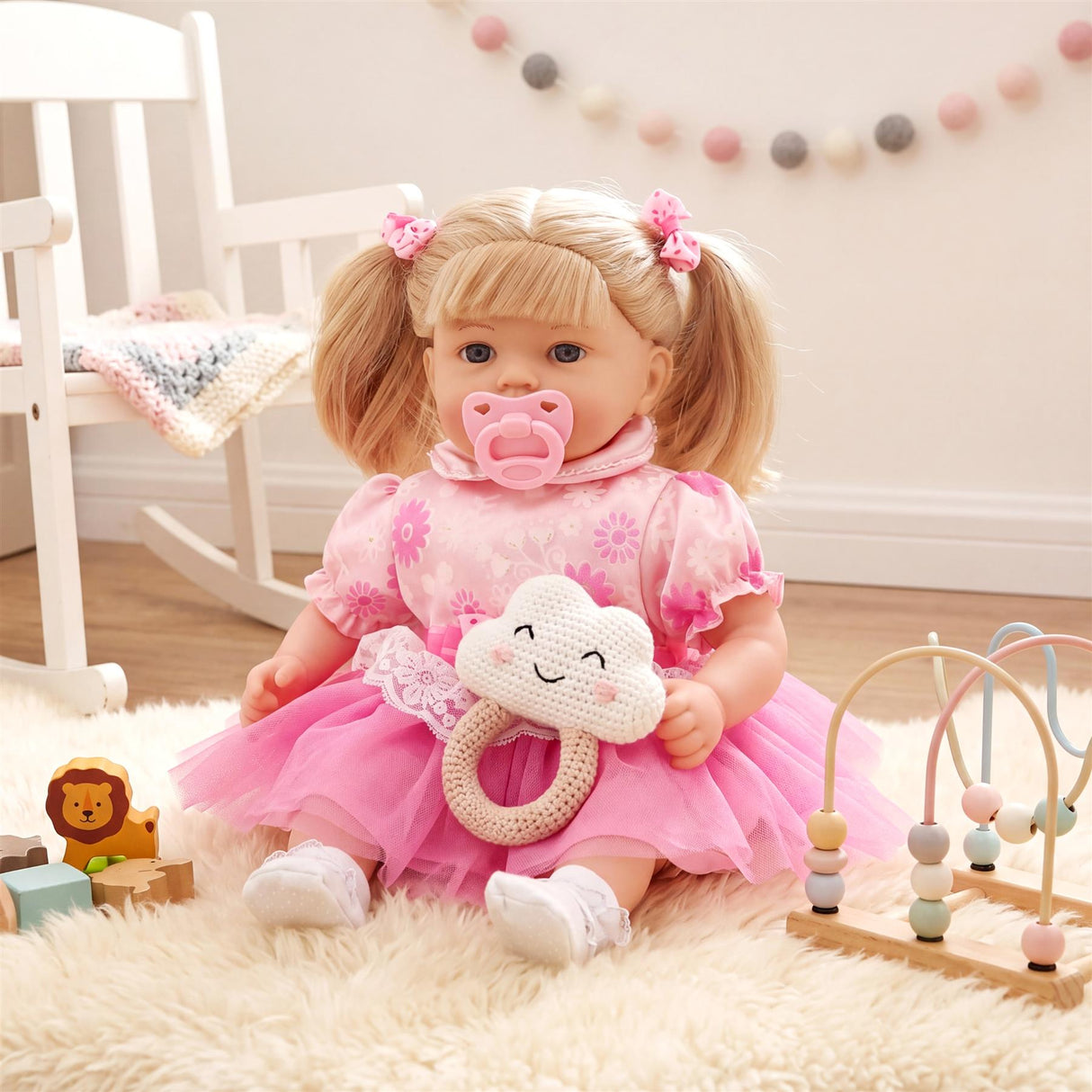 Blonde doll in pink clothing sits on cream rug with bunny pacifier and wooden toys.
