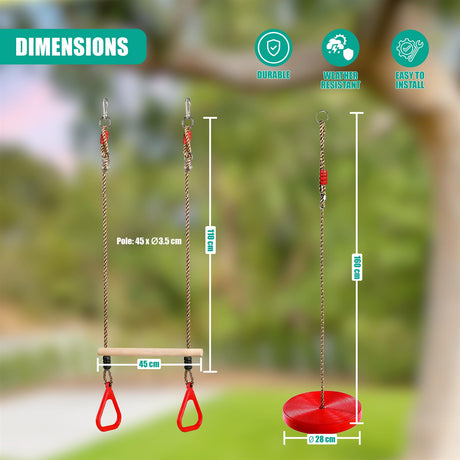Diagram displaying measurements for a hanging horizontal trapeze bar and a circular swing seat.