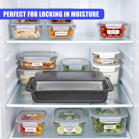 Various airtight food storage containers and a deep roasting tin displayed on shelves.