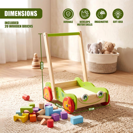 A wooden baby walker toy stands next to numerous colorful wooden building blocks.