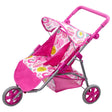 Pink doll's twin pushchair with two reclining seats and pink canopy.