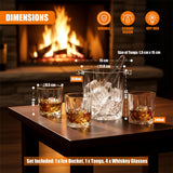 A collection of four whiskey glasses, an ice bucket, and serving tongs arranged on a table.