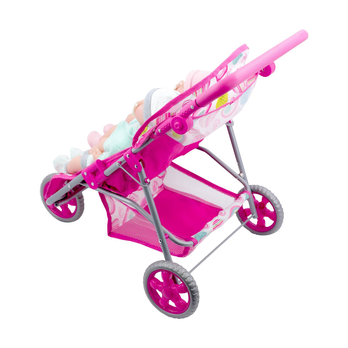 Pink doll stroller with two seats and three wheels, holding two dolls.