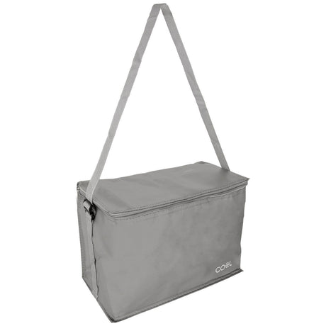 Small grey cooler with a handle.