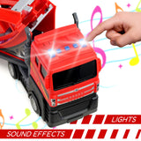 Red toy dump truck with articulated arm and cab featuring flashing lights and blue accent details.