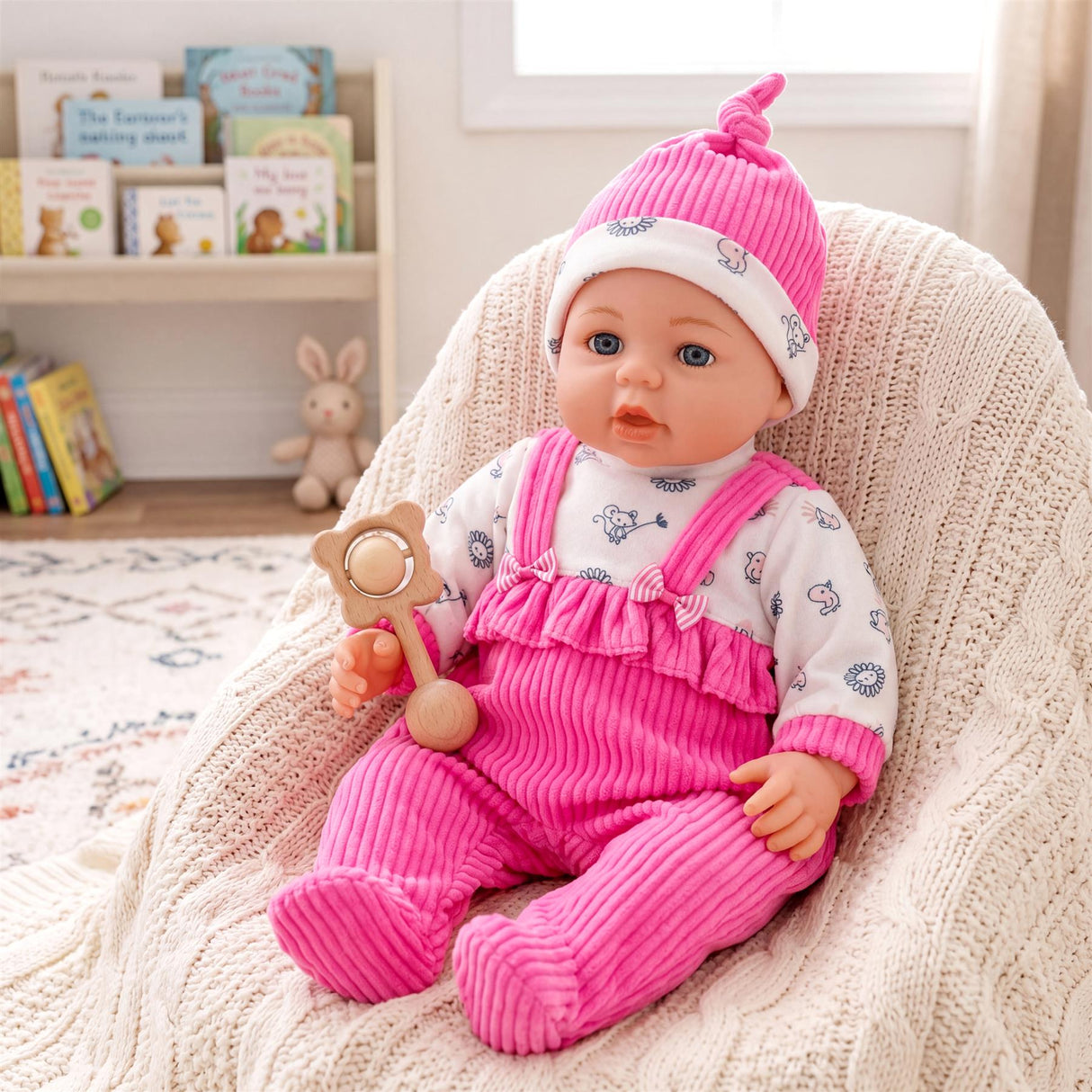 Doll in hot pink overalls and white shirt, modeled with a pink knitted hat and wooden rattle.