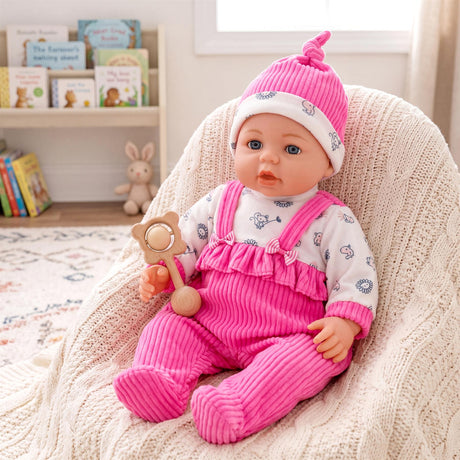 Doll in hot pink overalls and white shirt, modeled with a pink knitted hat and wooden rattle.