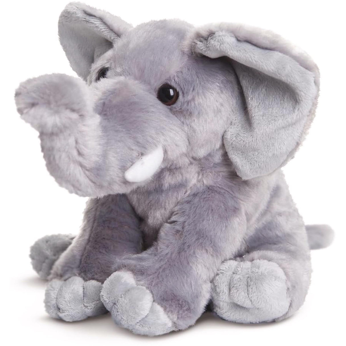 Soft light gray plush toy elephant sitting down, featuring large floppy ears and a distinct trunk.