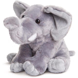 Soft light gray plush toy elephant sitting down, featuring large floppy ears and a distinct trunk.
