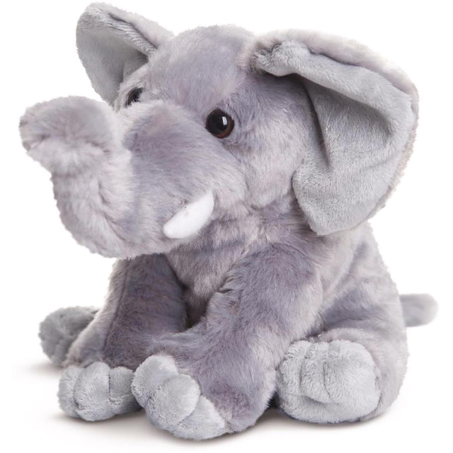 Soft light gray plush toy elephant sitting down, featuring large floppy ears and a distinct trunk.