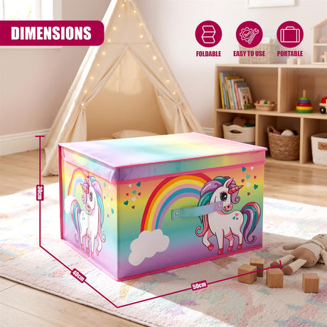 Rainbow Unicorn Storage Box from The Magic Toy Shop sits on a rug in a child's room, featuring unicorn and rainbow graphics