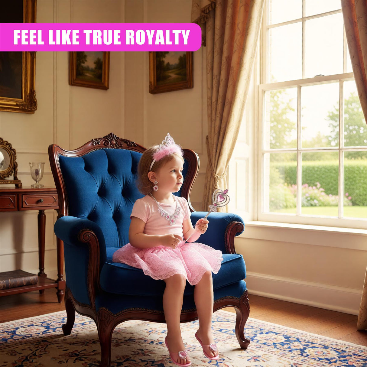 A blue chair, a little girl dressed as a princess, and a castle-like room background. - UKBuyZone