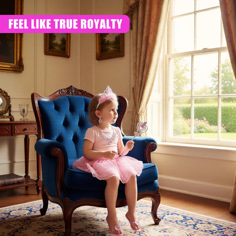 A blue chair, a little girl dressed as a princess, and a castle-like room background. - UKBuyZone