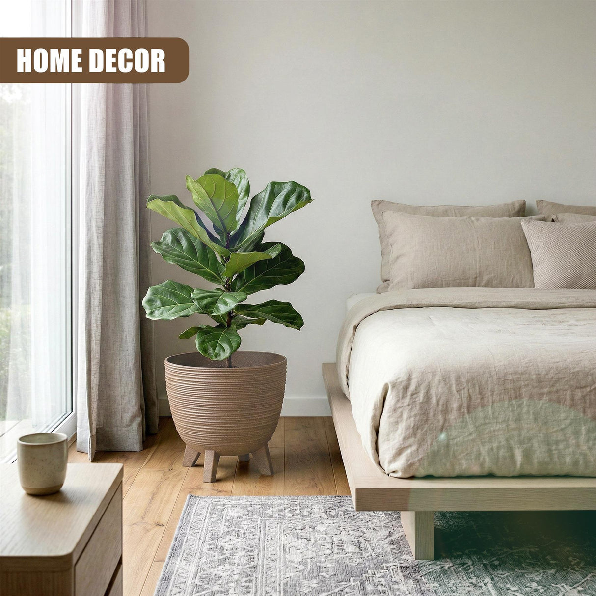 Ceramic brown pot with three legs holding a large potted indoor plant in a room.