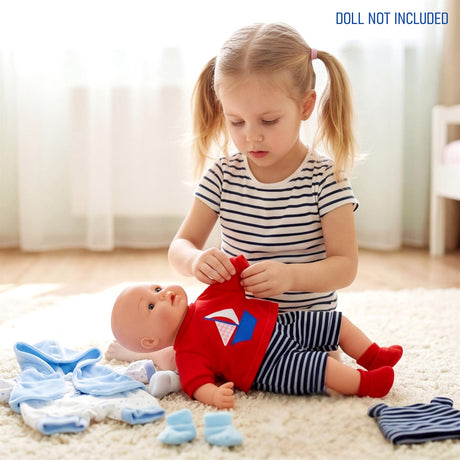 Doll surrounded by red, blue, and striped fabric outfits for children's play.