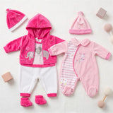 Set of two plush doll clothing outfits, featuring pink and white elephant graphics and stripes.