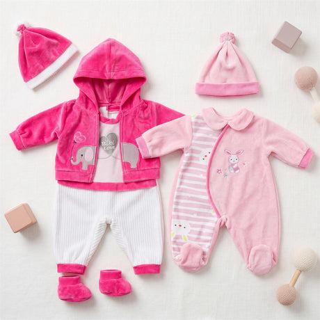 Set of two plush doll clothing outfits, featuring pink and white elephant graphics and stripes.