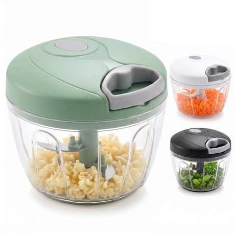 Manual food chopper set showing three attachments containing chopped garlic, vegetables, and herbs.