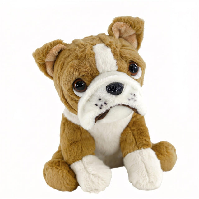 Plush toy of a brown and white British Bulldog with floppy ears and soft texture.