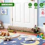 Brown novelty draught excluder shaped like a dog rests against a white door.