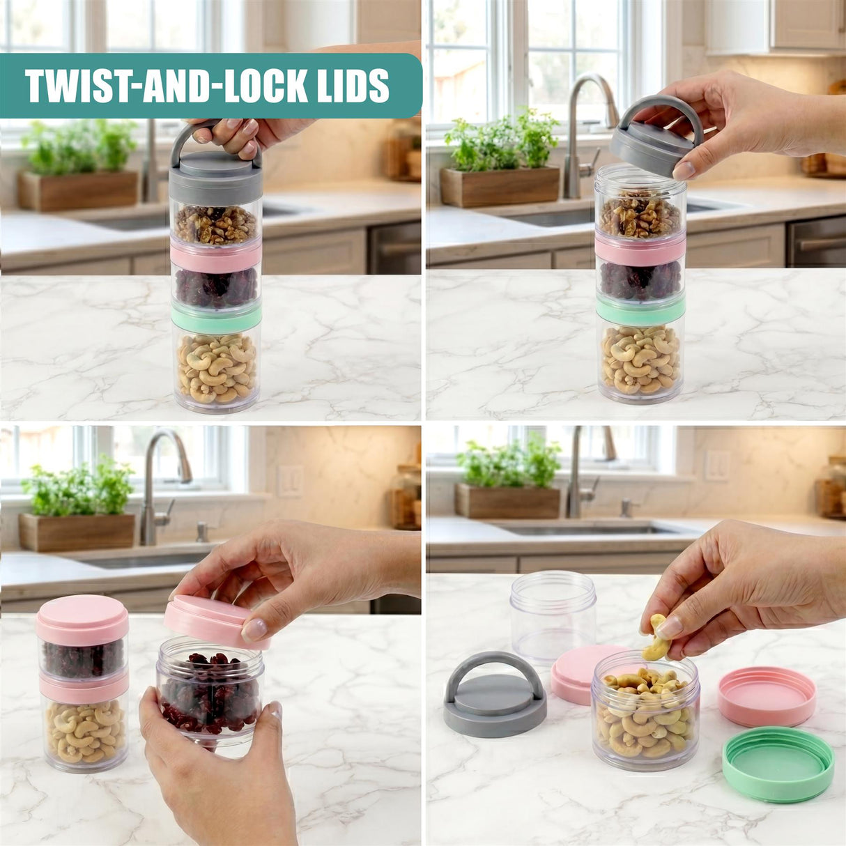 Stackable, reusable snack pots shown with various ingredients and removable securing lids.