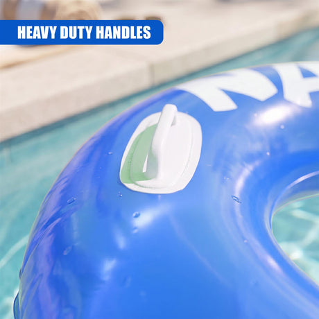 Close-up view of a blue inflatable pool ring float featuring a built-in white and light green handle.