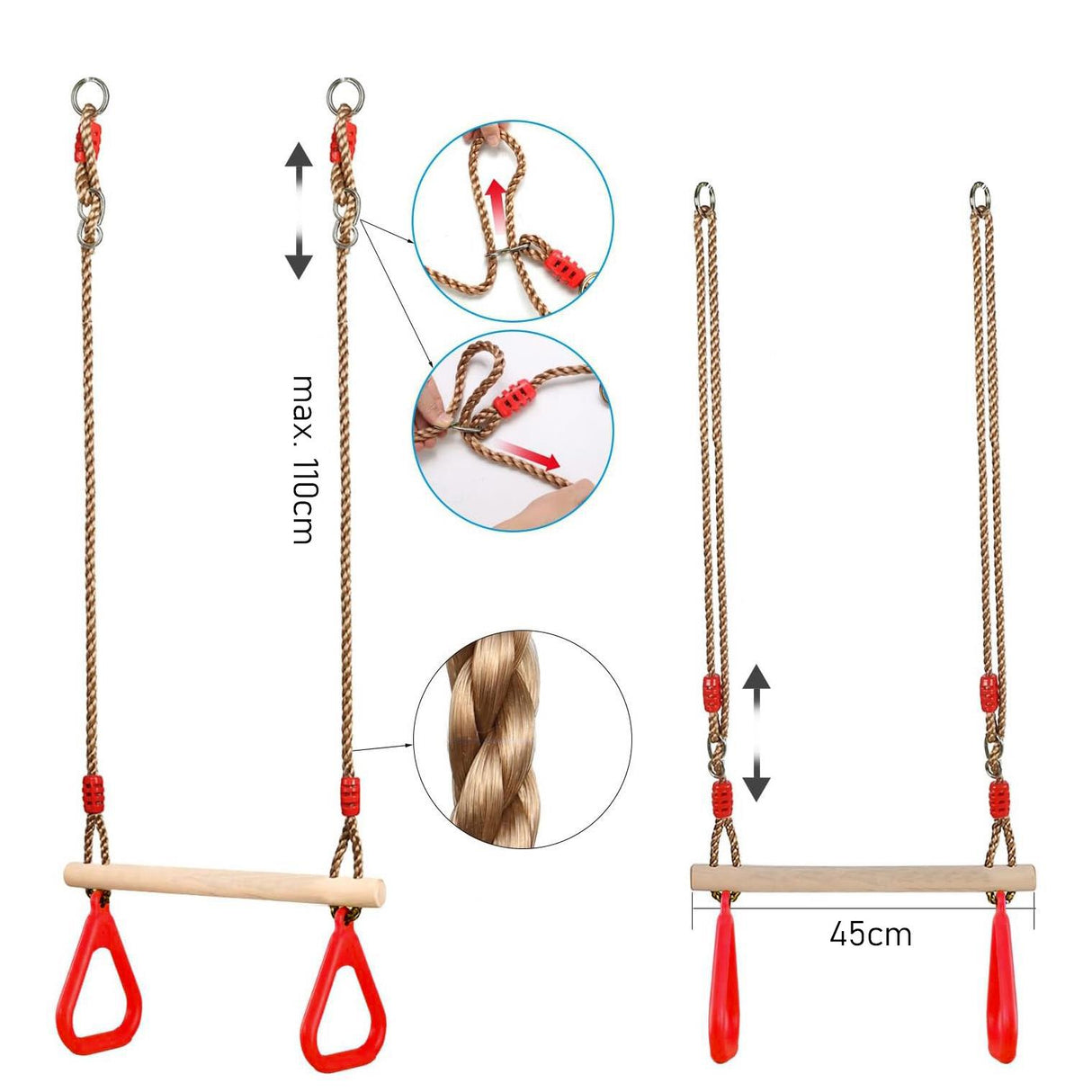 The Magic Toy Shop Wooden Trapeze Swing, Rope Ladder & Red Plate Seat