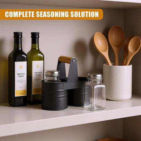 A set of kitchen utensils, including a salt and pepper shaker, a spice rack, and a wooden spoon, placed on a white shelf with a label reading "Complete Seasoning Solution". - UKBuyZone