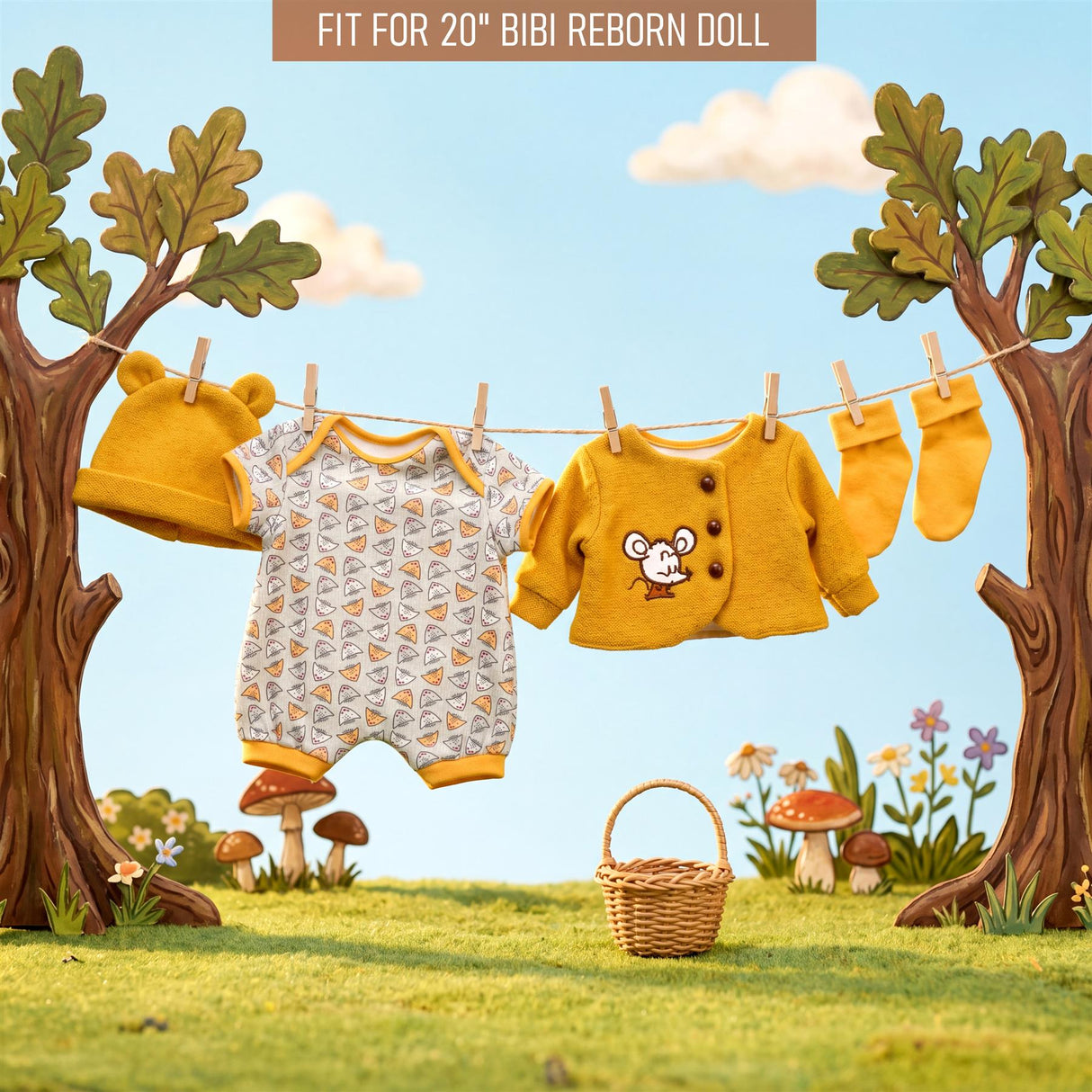 Clothesline displays three baby outfits—yellow, patterned, and yellow sweater—hung outdoors on grass.