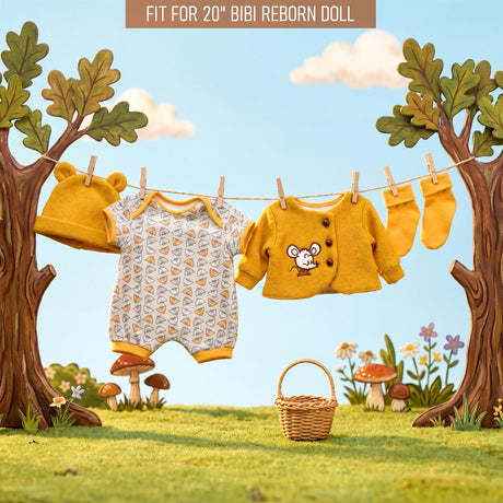 Clothesline displays three baby outfits—yellow, patterned, and yellow sweater—hung outdoors on grass.