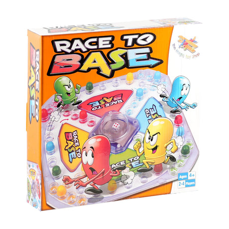 Game board features four cartoon characters racing along a colorful circular track.