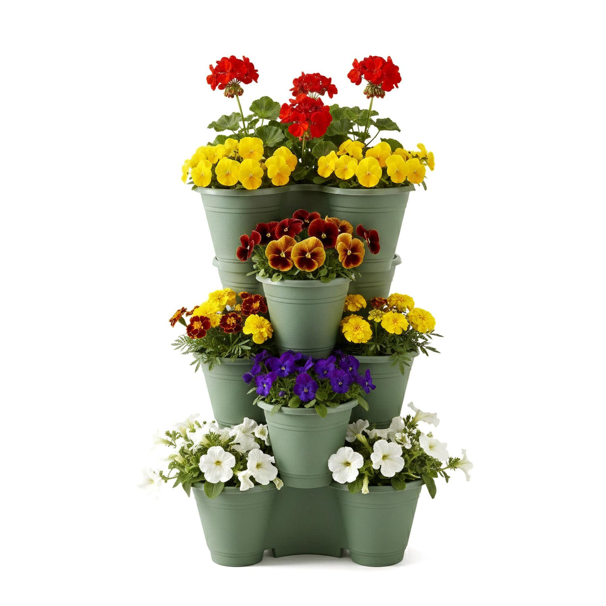 A stack of grey, strawberry-shaped planters containing various colorful artificial flowers.