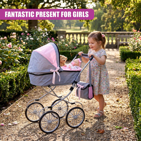 Gray and pink toy pram with wheels, standing in a garden setting near a small child.